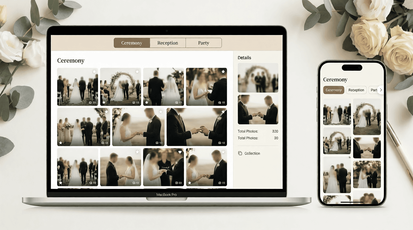 Flashtie dashboard showing wedding photos organized by category