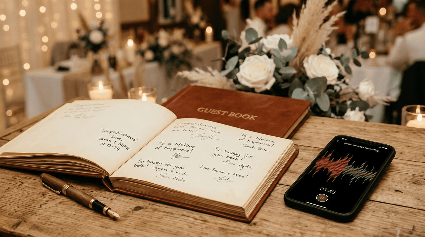Guest book with phone showing audio recording